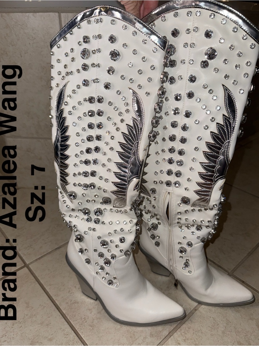 Azalea Wang Women's White Crystal-Embellished Over-the-Knee Boots